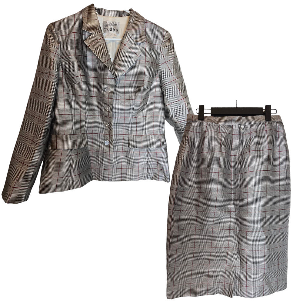 Teri Jon plaid silk suit set blazer skirt size 10